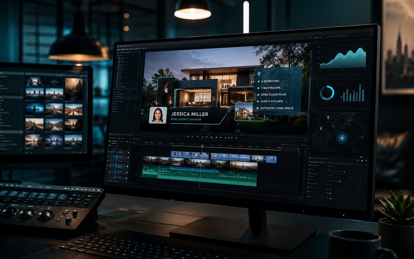 Motion graphics captions and real-estate market data visuals